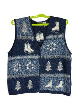 Vtg Northcrest Women's 3X Knit Button Vest Winter Skates Snowflakes Cotton Blue